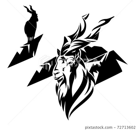 markhor mountain goat and rock cliff black vector outline design 72713602
