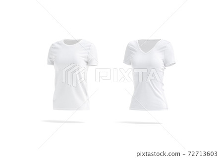 Blank white women slimfit and classic t-shirt mockup, side view 72713603