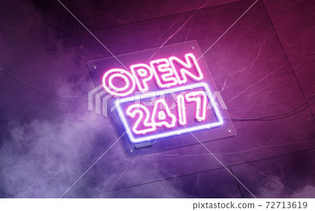 Neon open 24-7 sign dark marble wall, glowing font mockup 72713619