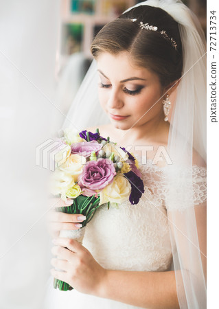 Beautiful bride wearing fashion wedding dress with feathers with luxury delight make-up and hairstyle, studio indoor photo shoot Beautiful bride wearing fashion wedding dress with feathers with luxury delight make-up and hairstyle, studio indoor photo shoot 72713734