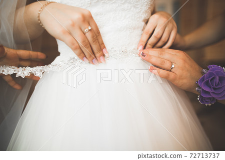 Beautiful bride wearing fashion wedding dress with feathers with luxury delight make-up and hairstyle, studio indoor photo shoot Beautiful bride wearing fashion wedding dress with feathers with luxury delight make-up and hairstyle, studio indoor photo shoot 72713737