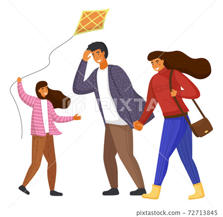 Happy family parents and daughter with kite walking in the city park together in windy weather Happy family parents and daughter with kite walking in the city park together in windy weather 72713845