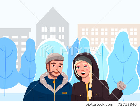 Girl with man on winter city street landscape. Cute couple walk in winter time down the street Girl with man on winter city street landscape. Cute couple walk in winter time down the street 72713846