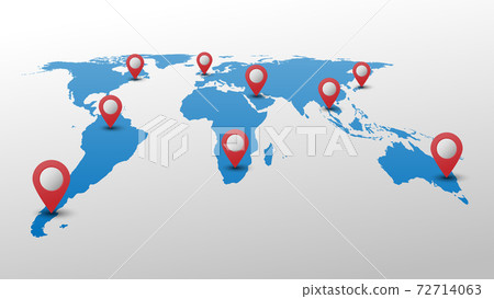 Blue world map with red pin pointer, vector illustration 72714063