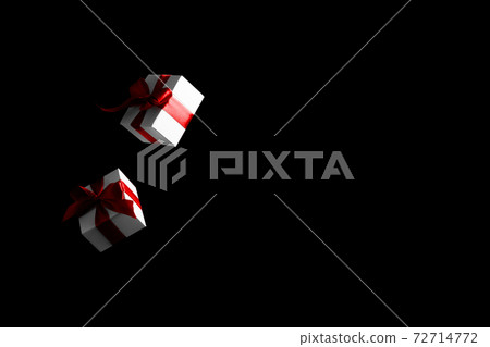 Online christmas. White gift box with red ribbon isolated on black background in Black Friday concept. Decoration and copy space for your text. 72714772