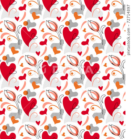 Love abstract collage seamless pattern. Hand drawn graphic design, nature folklore flourish, hearts, tulip flower. White background is easy to change Love abstract collage seamless pattern. Hand drawn graphic design, nature folklore flourish, hearts, tulip flower. White background is easy to change 72714897