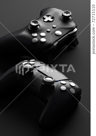 Top view of gamer workspace with joystick on black table background 72715110