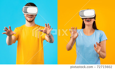 Smiling couple wearing virtual reality headset at the studio 72715602