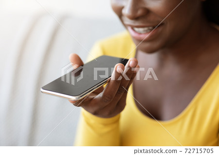 Voice Message. Cheerful Black Lady Using Smartphone Sending Audio Messages At Home 72715705