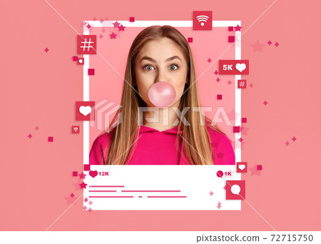 Teen girl blowing bubblegum in photo frame surrounded by social media reactions on pink studio background, collage 72715750