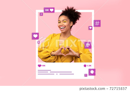 Collage with young black woman making heart gesture in photo frame, requesting likes in social media on pink background 72715837