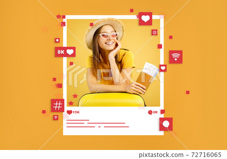 Female travel blogger with suitcase and plane tickets inside photo frame, collage with social media feedback reactions 72716065