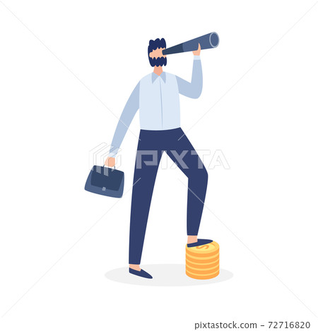 Cartoon businessman looking through spyglass standing on coin stack 72716820