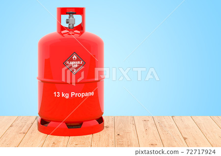 Propane cylinder with compressed gas on the wooden planks, 3D rendering Propane cylinder with compressed gas on the wooden planks, 3D rendering 72717924