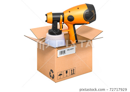 Painting spray gun inside cardboard box, delivery concept. 3D rendering Painting spray gun inside cardboard box, delivery concept. 3D rendering 72717929