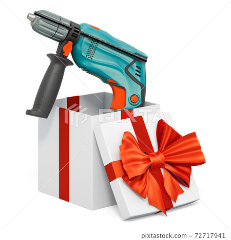 Electric drill inside gift box, present concept. 3D rendering 72717941