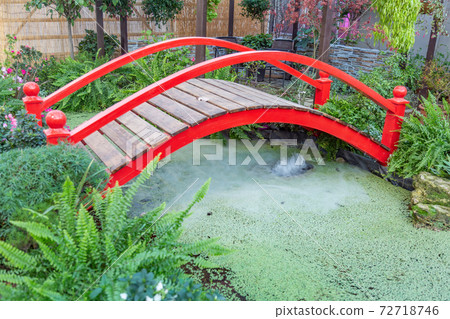 Wooden bridge and a small pond in the garden 72718746