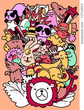 Cute hand drawn doodles ,Vector cartoon  set of cute doodle animals. Perfect for postcard, birthday, baby book, children room  ,Each on a separate layer. 72719953