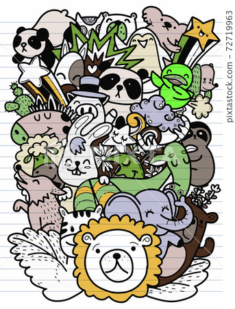 Cute hand drawn doodles ,Vector cartoon  set of cute doodle animals. Perfect for postcard, birthday, baby book, children room  ,Each on a separate layer. 72719963