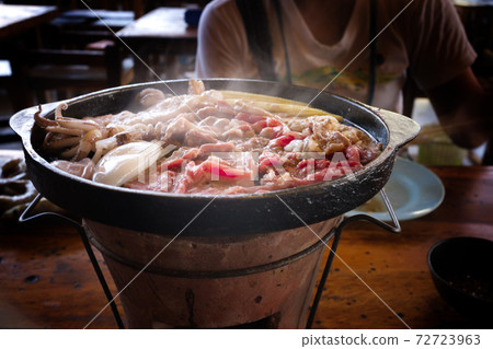 Thai Barbecue or (Moo Kratha) Buffet with Smoke. Cooking Barbecue Thai Style. Picture for Food Concept. 72723963