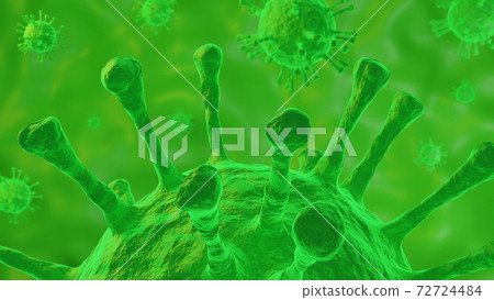 Microscope of Coronavirus disease. Green COVID-19. Pandemic medical background concept. 3D rendering illustration. Microscope of Coronavirus disease. Green COVID-19. Pandemic medical background concept. 3D rendering illustration. 72724484