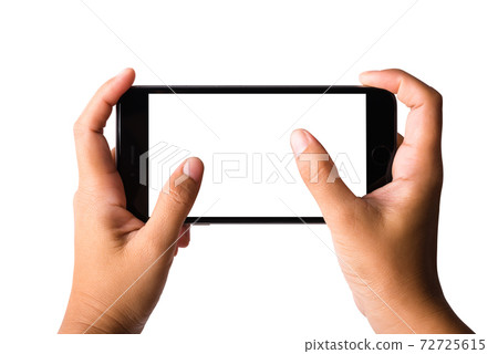 Woman hand playing game on smartphone blank screen Woman hand playing game on smartphone blank screen 72725615