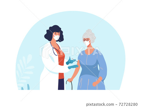 Doctor in clinic giving coronavirus vaccine to an elderly woman, conceptual illustration for immunity health. Adult immunization, covid vaccine. Flat illustration isolated on white background. 72728280