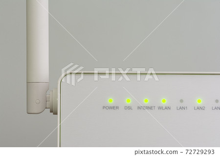 White wireless internet router with antenna isolated on gray background 72729293