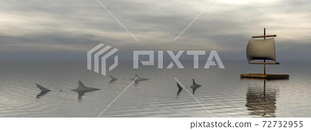 Raft and sharks - 3D render Raft and sharks - 3D render 72732955