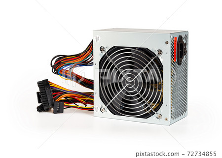 New power supply unit with fan grill, colorful wires with connectors, On Off button isolated. 72734855