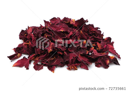 Pile of dried healthy rose petals. Dry red rose petals heap on white. Pile of dried healthy rose petals. Dry red rose petals heap on white. 72735661