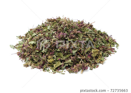 Pile of dry Origanum vulgare flowers. Dried wild marjoram heap on white. Pile of dry Origanum vulgare flowers. Dried wild marjoram heap on white. 72735663