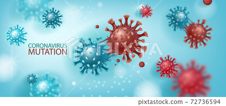 Coronavirus mutation vector background with disease molecules on blue.  72736594