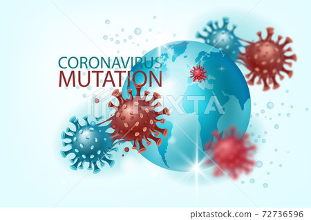 Coronavirus mutation vector background with COVID-19 molecules, globe, world map. Coronavirus mutation vector background with COVID-19 molecules, globe, world map. 72736596
