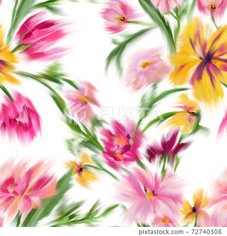 Trendy elegant floral seamless pattern. Defocused bright garden flowers with blooming buds. Blurred summer botanical ornament for fashion design, textile and fabric. Trendy elegant floral seamless pattern. Defocused bright garden flowers with blooming buds. Blurred summer botanical ornament for fashion design, textile and fabric. 72740308