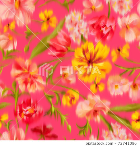 Trendy elegant floral seamless pattern. Defocused bright garden flowers with large blooming buds. Blurred summer botanical ornament for fashion design, textile and fabric. 72741086
