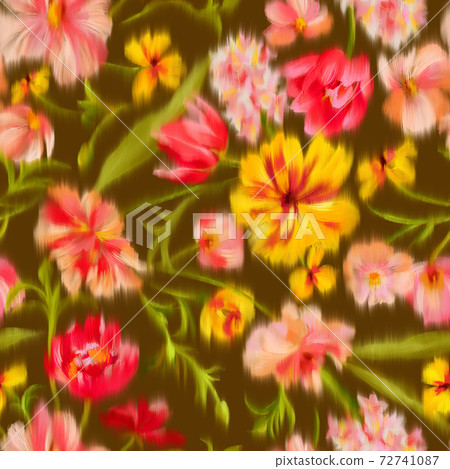 Trendy elegant floral seamless pattern. Defocused bright garden flowers with large blooming buds. Blurred summer botanical ornament for fashion design, textile and fabric. Boho chic style. 72741087