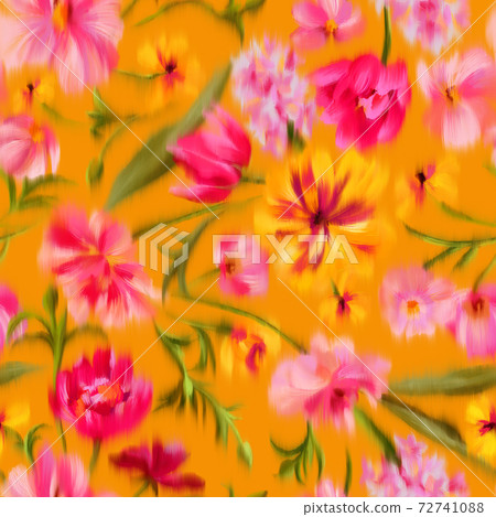 Trendy elegant floral seamless pattern. Defocused bright garden flowers with large blooming buds. Blurred summer botanical ornament for fashion design, textile and fabric. 72741088