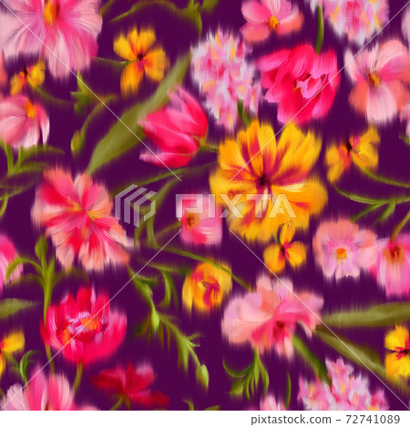 Trendy elegant floral seamless pattern. Defocused bright garden flowers with large blooming buds. Blurred summer botanical ornament for fashion design, textile and fabric. Boho chic style. 72741089