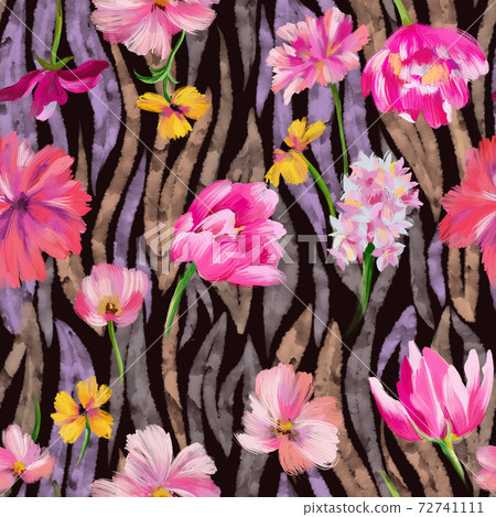 Sophisticated floral seamless pattern. Mixed garden flowers with watercolor striped animal skin zebra tiger texture. Botanical ornament for fashion design, textile and fabric. Sophisticated floral seamless pattern. Mixed garden flowers with watercolor striped animal skin zebra tiger texture. Botanical ornament for fashion design, textile and fabric. 72741111