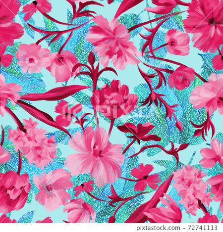 Summer floral ornament. Sophisticated abstract fantasy flowers on plant leaves with collage graphic ornate knitting net texture. Botanical floral seamless pattern. Summer floral ornament. Sophisticated abstract fantasy flowers on plant leaves with collage graphic ornate knitting net texture. Botanical floral seamless pattern. 72741113