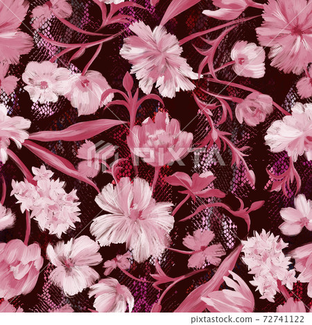 Botanical floral seamless pattern. Bright abstract fantasy flowers mixed with animal snake reptile skin print texture ornament. Summer animal floral background. Textile and fabric design. Botanical floral seamless pattern. Bright abstract fantasy flowers mixed with animal snake reptile skin print texture ornament. Summer animal floral background. Textile and fabric design. 72741122