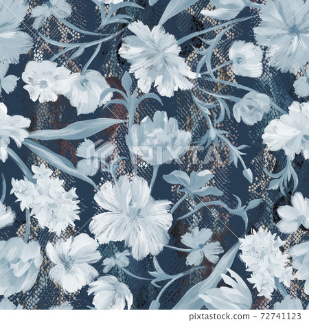 Botanical floral seamless pattern. Bright abstract fantasy flowers mixed with animal snake reptile skin print texture ornament. Summer animal floral background. Textile and fabric design. 72741123