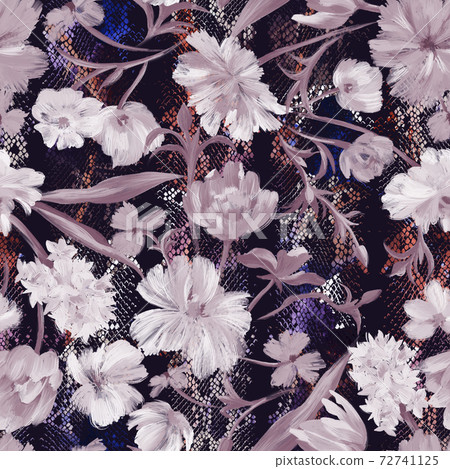 Botanical floral seamless pattern. Bright abstract fantasy flowers mixed with animal snake reptile skin print texture ornament. Summer animal floral background. Textile and fabric design. Botanical floral seamless pattern. Bright abstract fantasy flowers mixed with animal snake reptile skin print texture ornament. Summer animal floral background. Textile and fabric design. 72741125