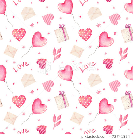 Watercolor seamless pattern with hearts, gifts,... - Stock Illustration ...