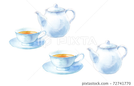 白茶碗。茶具的水彩插圖。茶壺和茶杯碟。 白茶碗。茶具的水彩插圖。茶壺和茶杯碟。 72741770