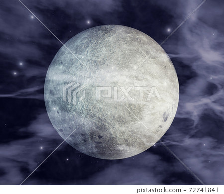 Full moon on dark night sky background, with craters and surface details visible, map provided by nasa. 3d illustration 72741841