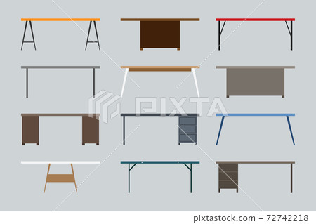 Modern, contemporary, loft, cartoon flat style business office table vector illustration set. Wooden, empty, stylish front view desk workplace icon collection on gray 72742218