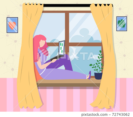 A woman works at a laptop while sitting on the windowsill at home. Freelance concept, quarantine due to covid-19 A woman works at a laptop while sitting on the windowsill at home. Freelance concept, quarantine due to covid-19 72743062