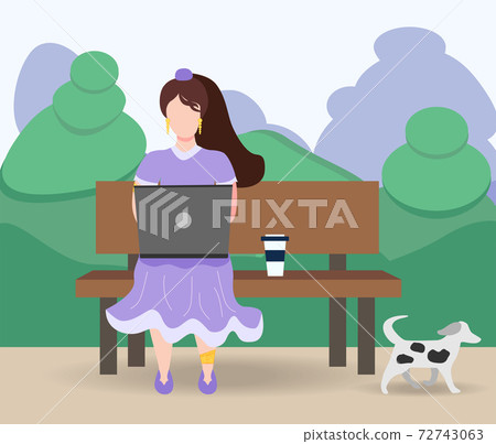 A woman works at a laptop while sitting on a bench in the park. Freelance concept, quarantine due to covid-19 72743063